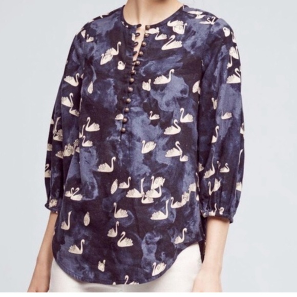 Anthropologie Bethesda Blue Top By Maeve Swan Print Brushed Cotton Size XS - Picture 2 of 7